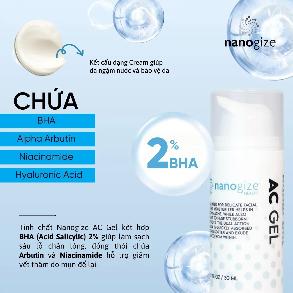 Gel giảm mụn và làm mờ thâm Nanogize AC Gel BHA 2% (30ml) 1