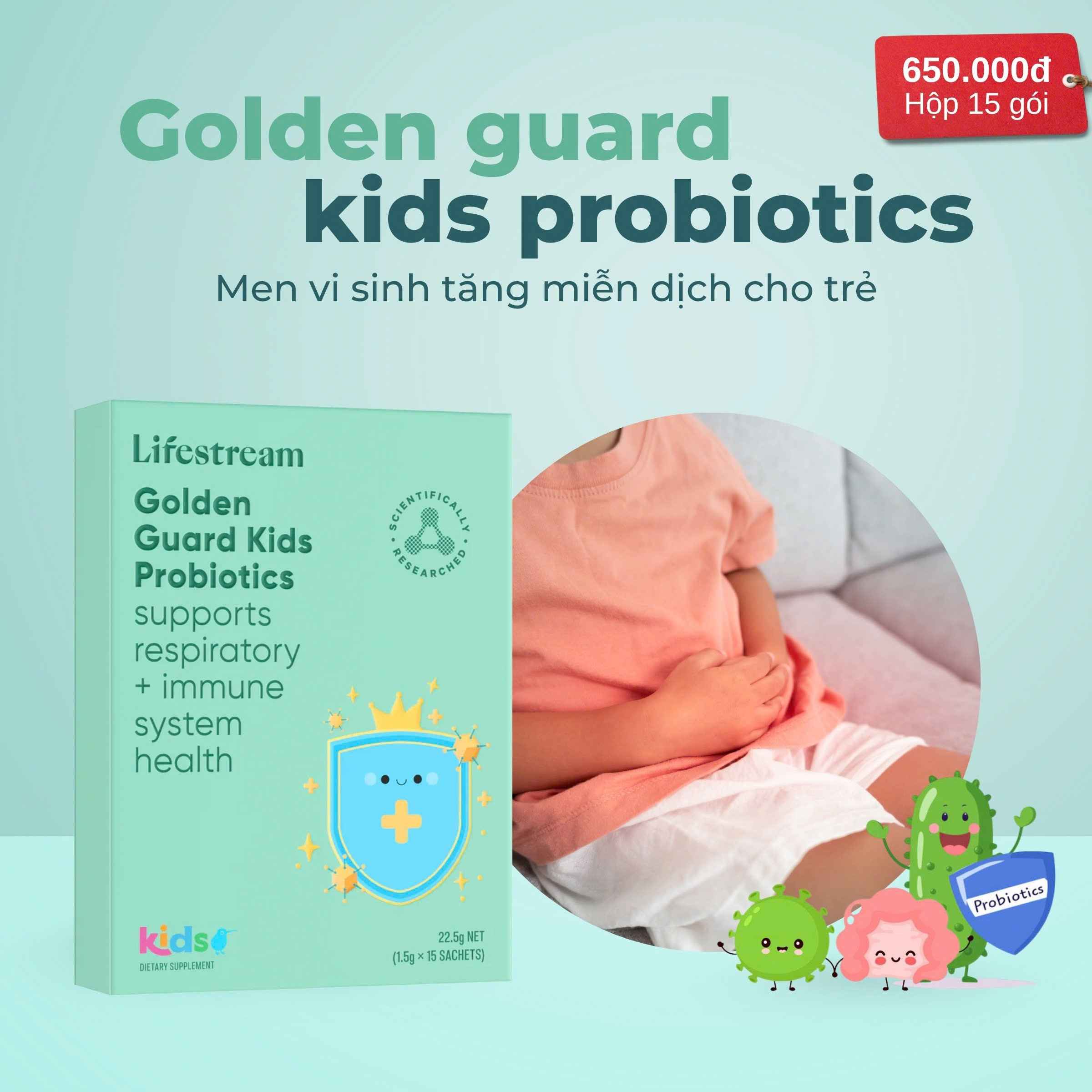 Men Vi Sinh Khỏe Hô Hấp & Tăng Miễn Dịch Cho Trẻ Lifestream Golden Guard Kids (15 gói) 12