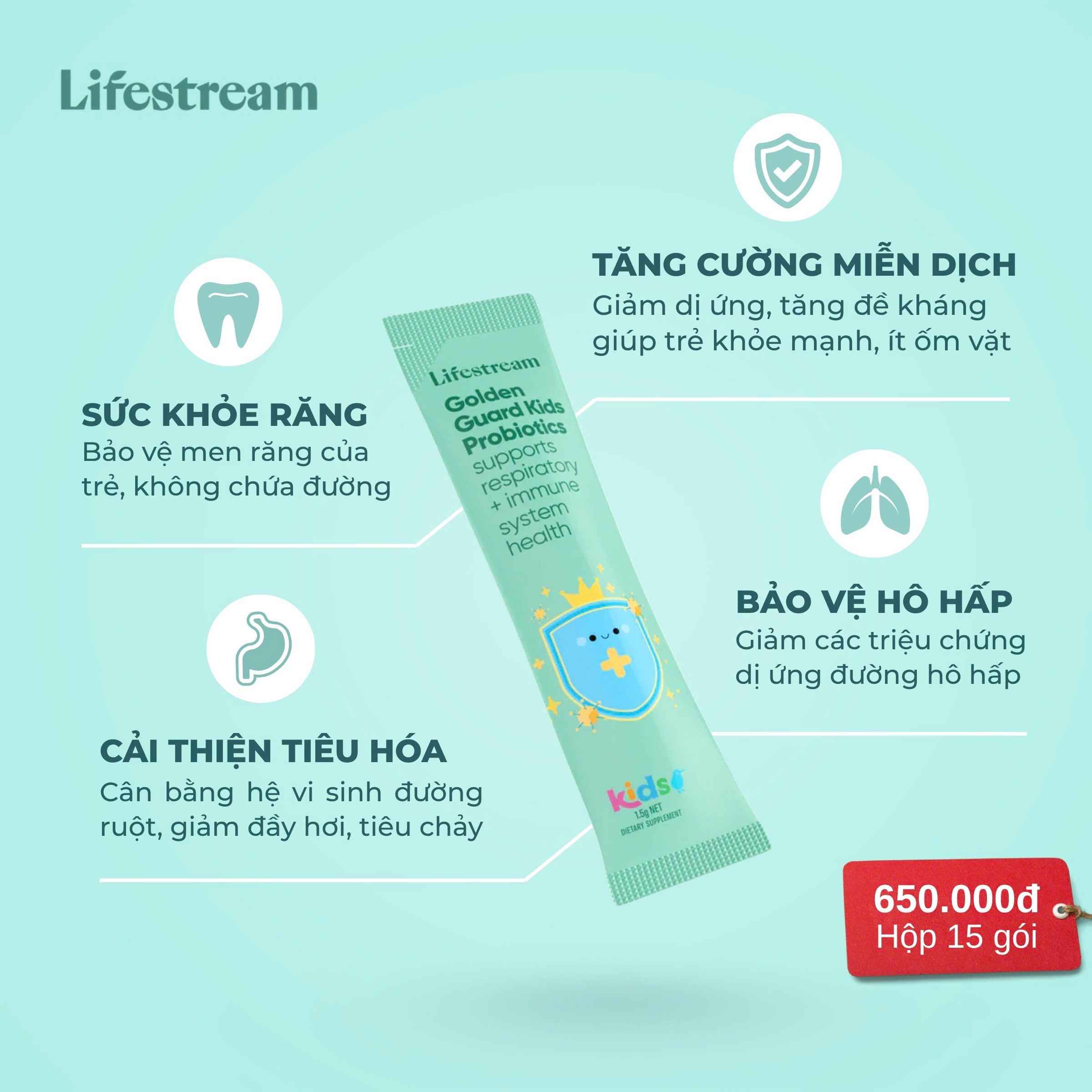 Men Vi Sinh Khỏe Hô Hấp & Tăng Miễn Dịch Cho Trẻ Lifestream Golden Guard Kids (15 gói) 13