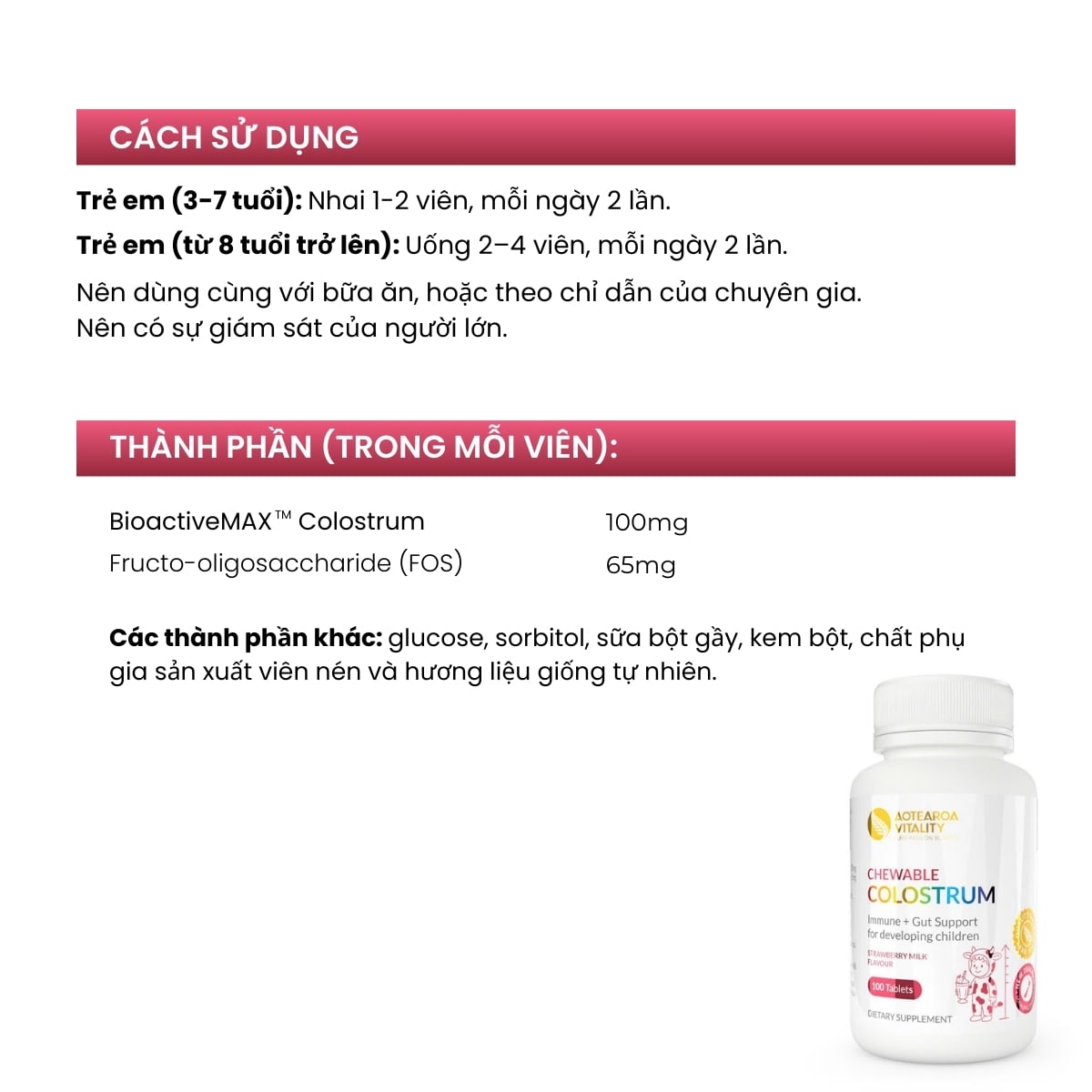 Kẹo sữa non tăng miễn dịch Colostrum Chewable Aotearoa Vitality 100 viên